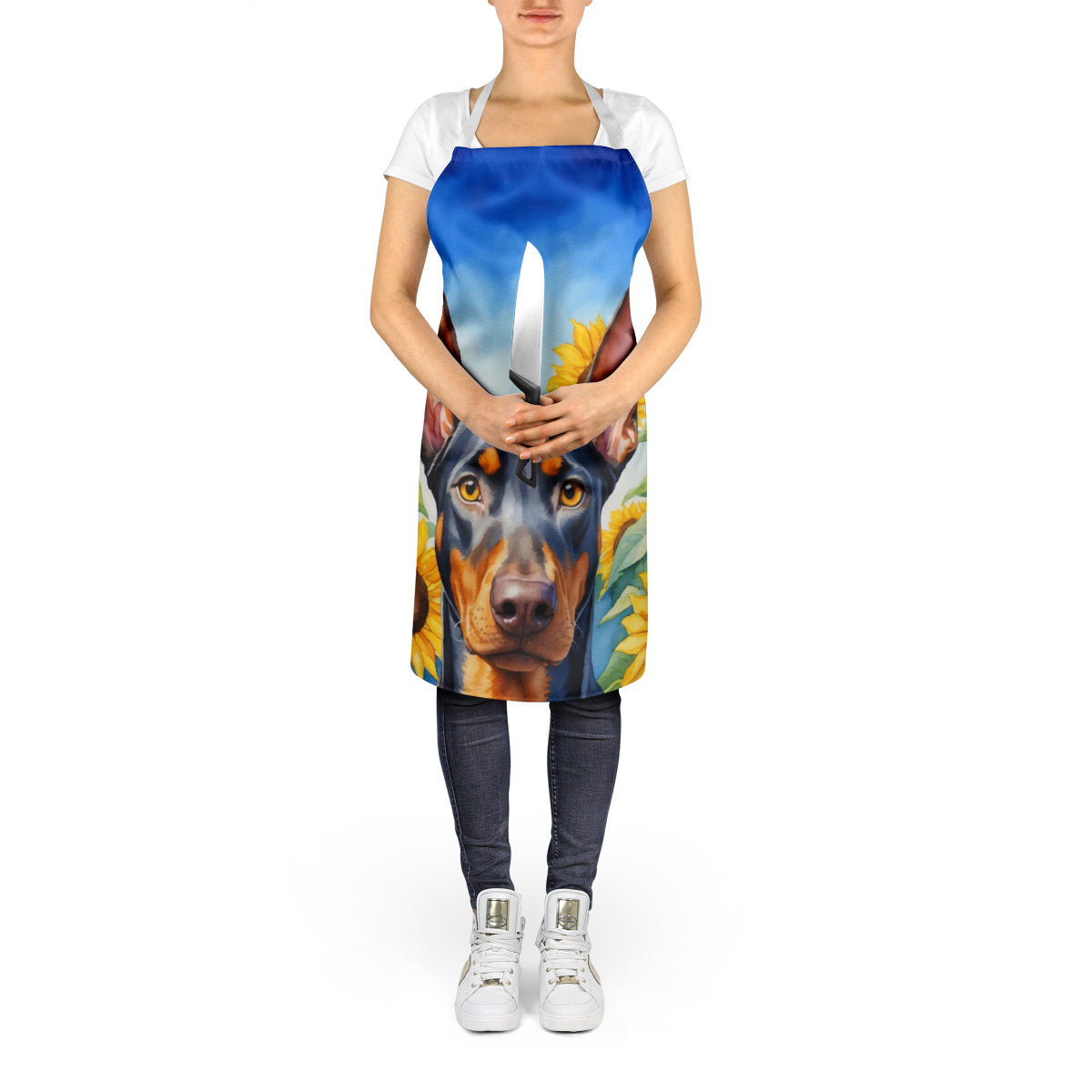 Doberman Pinscher in Sunflowers Apron