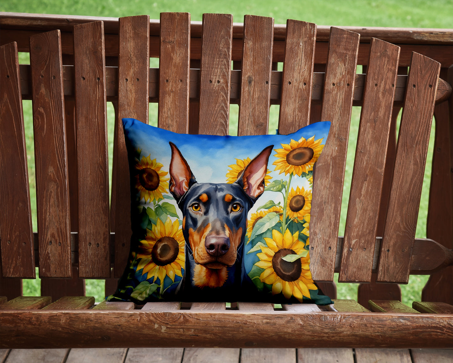 Doberman Pinscher in Sunflowers Throw Pillow