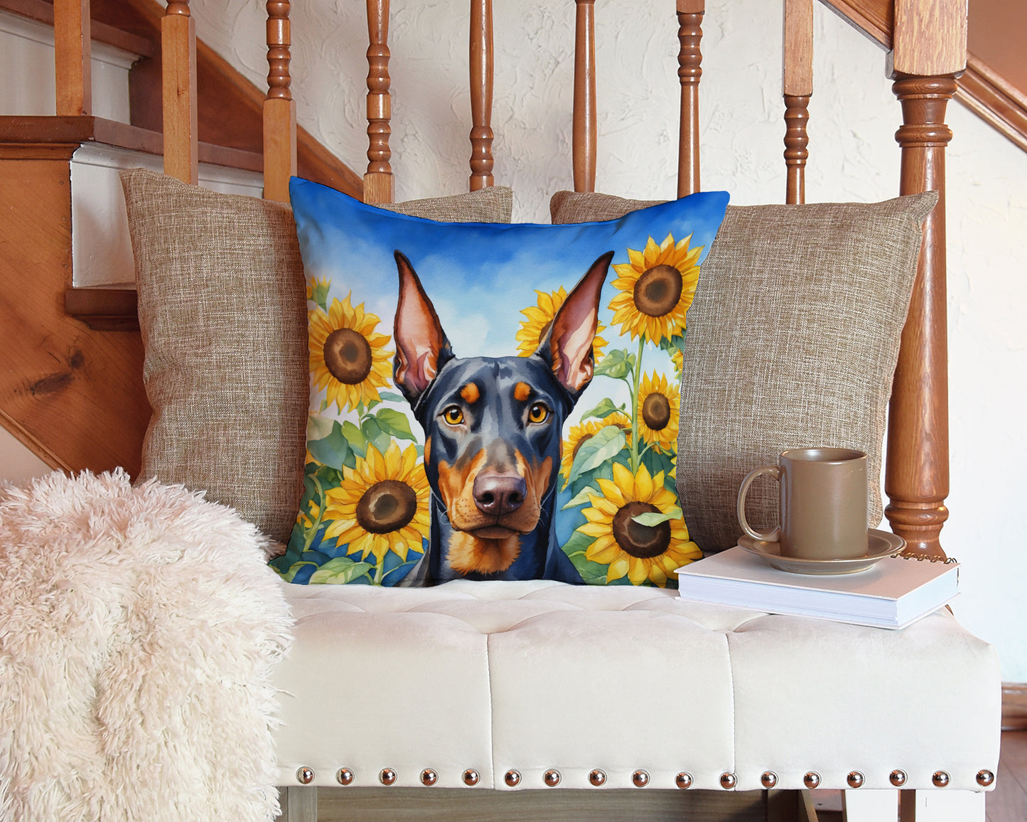 Doberman Pinscher in Sunflowers Throw Pillow