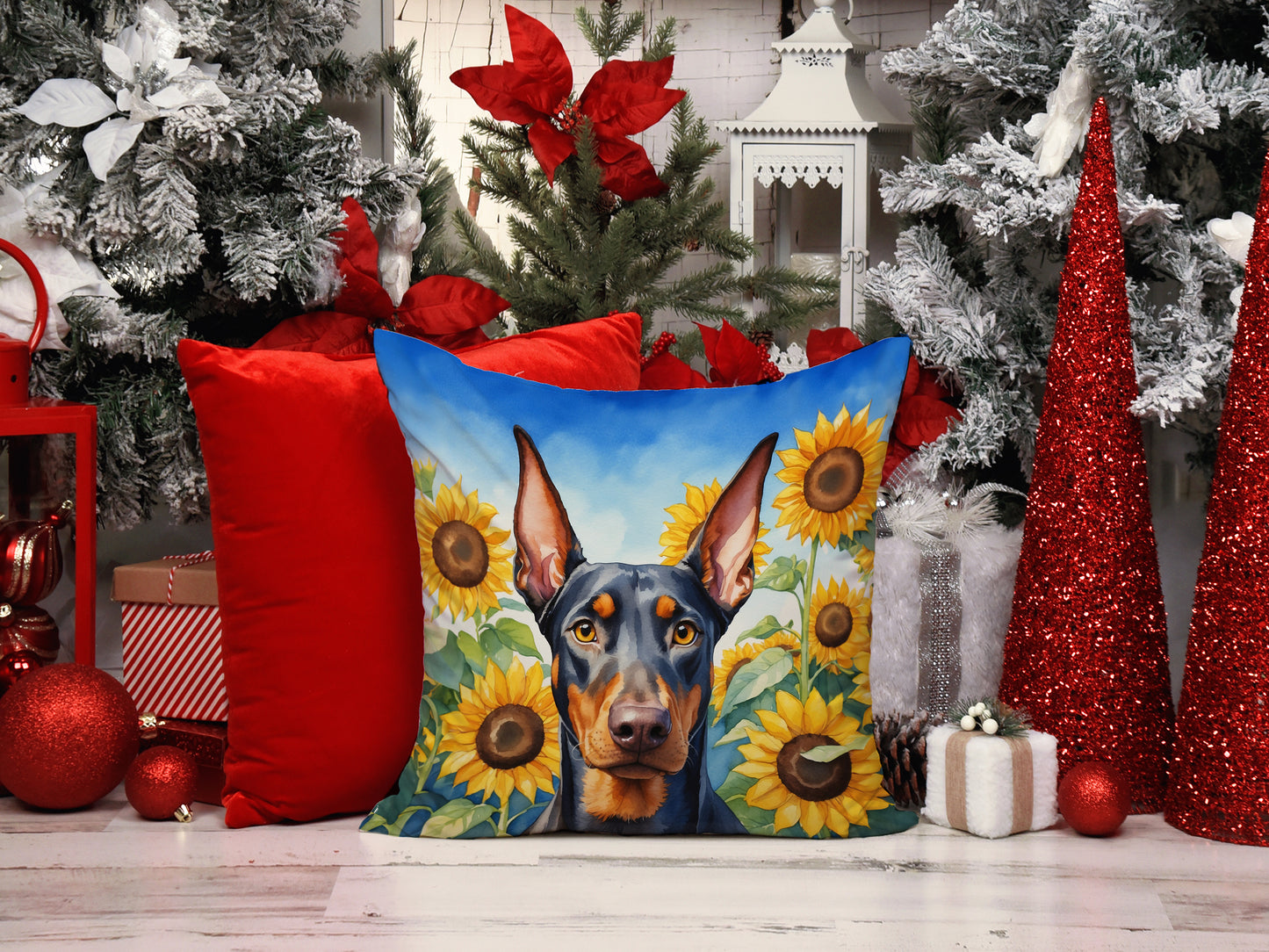 Doberman Pinscher in Sunflowers Throw Pillow