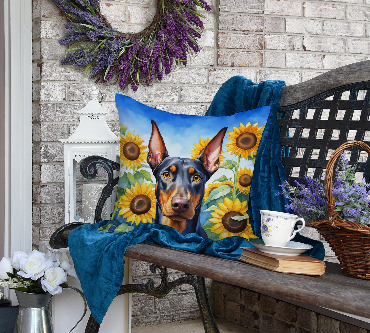 Doberman Pinscher in Sunflowers Throw Pillow