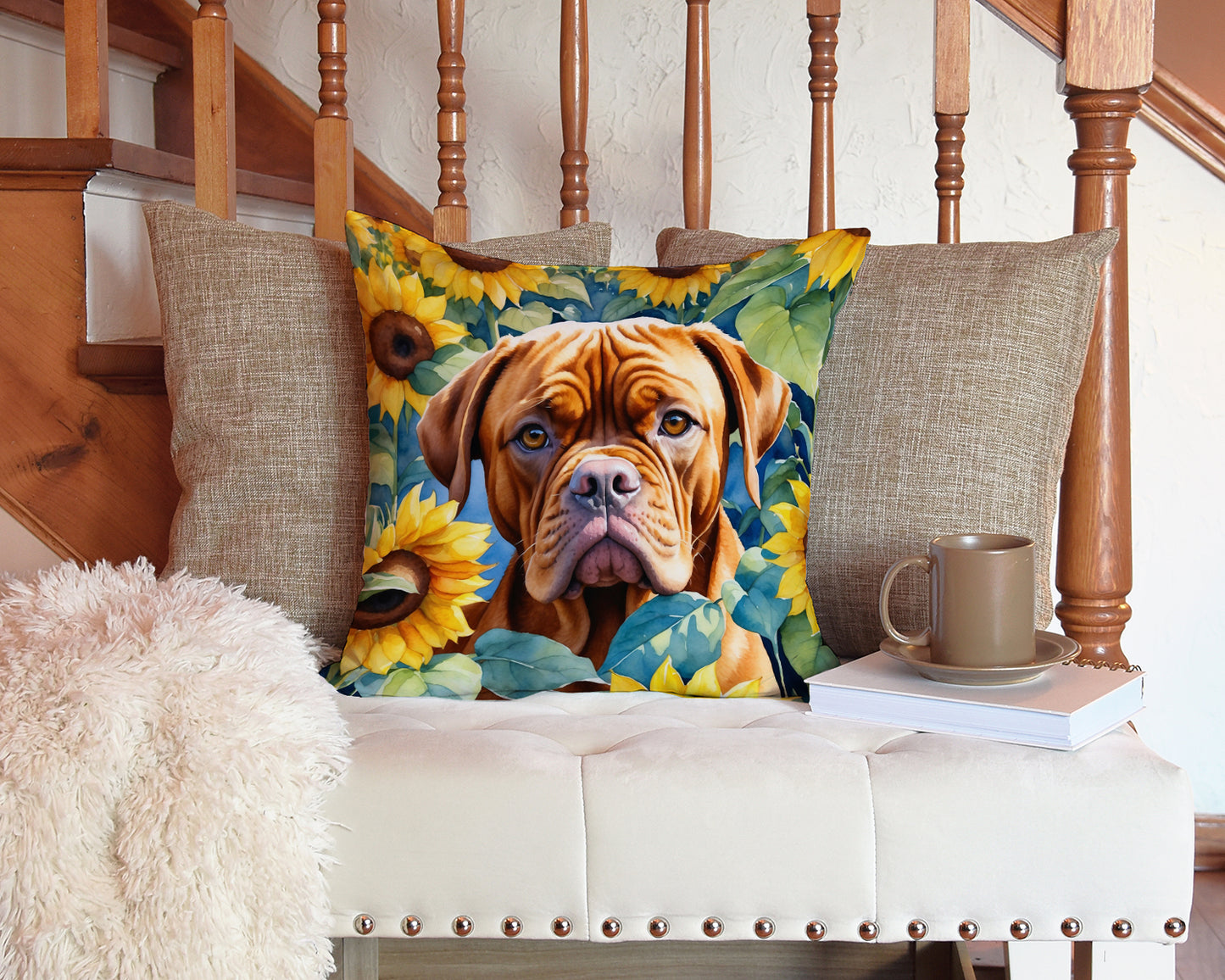 Dogue de Bordeaux in Sunflowers Throw Pillow