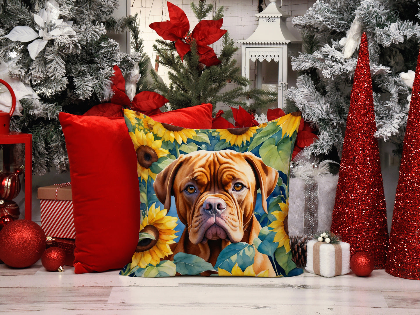 Dogue de Bordeaux in Sunflowers Throw Pillow