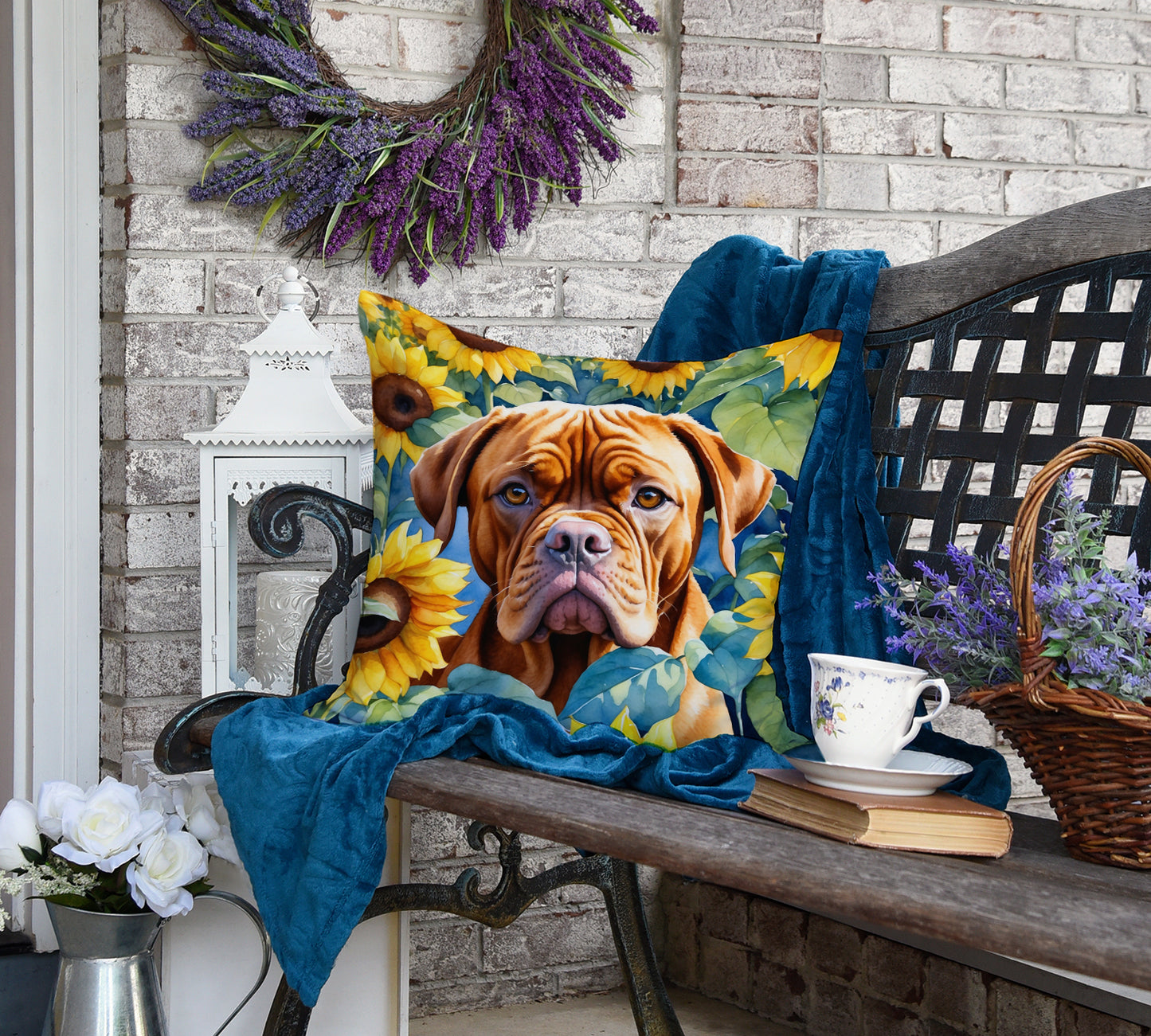 Dogue de Bordeaux in Sunflowers Throw Pillow