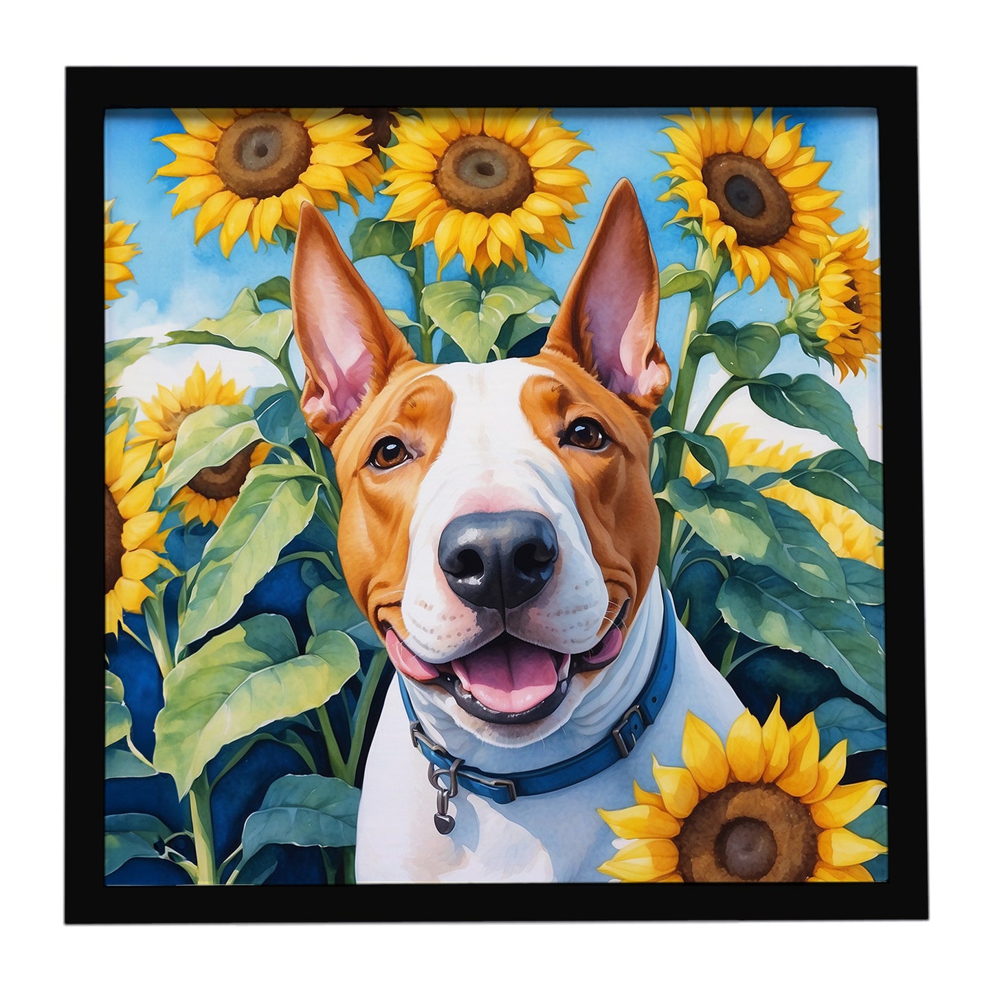 Buy this English Bull Terrier in Sunflowers Framed Metal Print