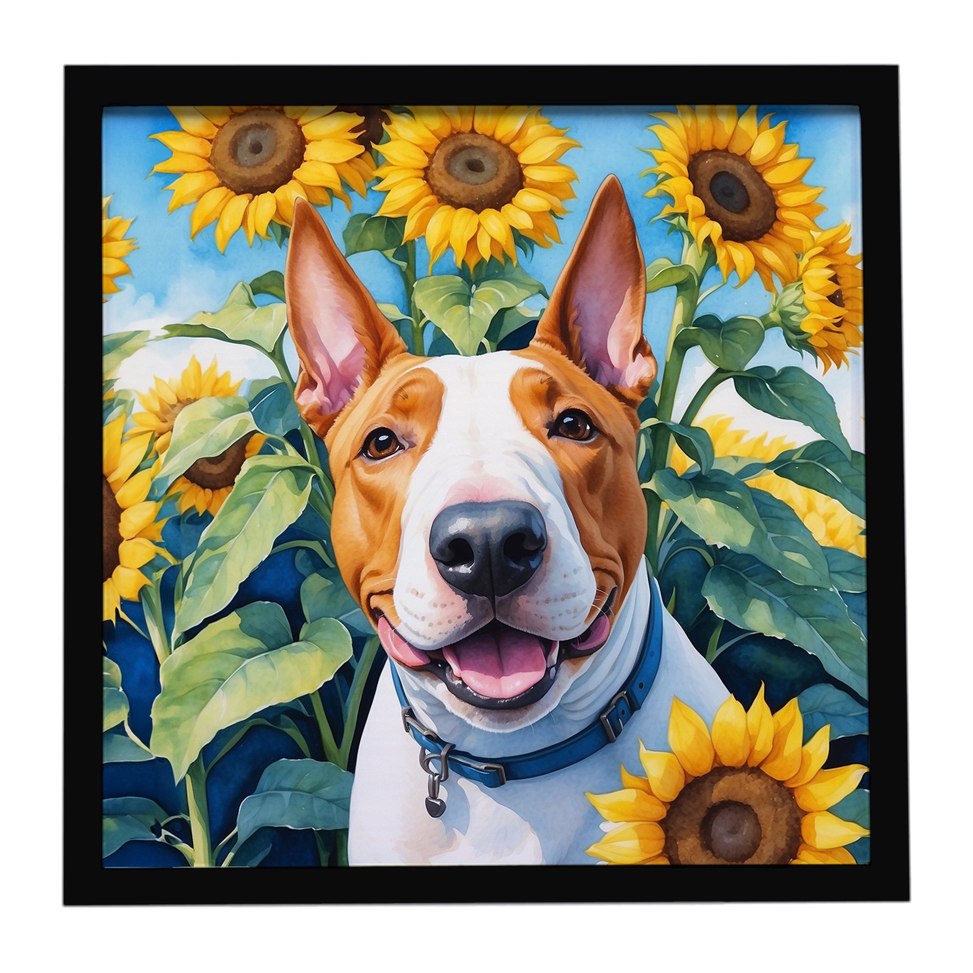 Buy this English Bull Terrier in Sunflowers Framed Metal Print