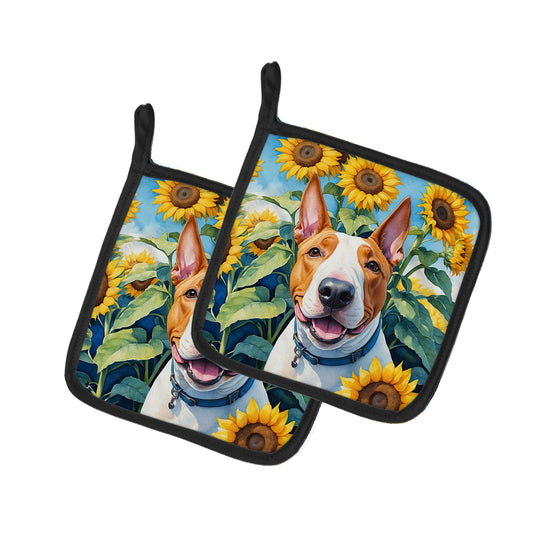 Buy this English Bull Terrier in Sunflowers Pair of Pot Holders