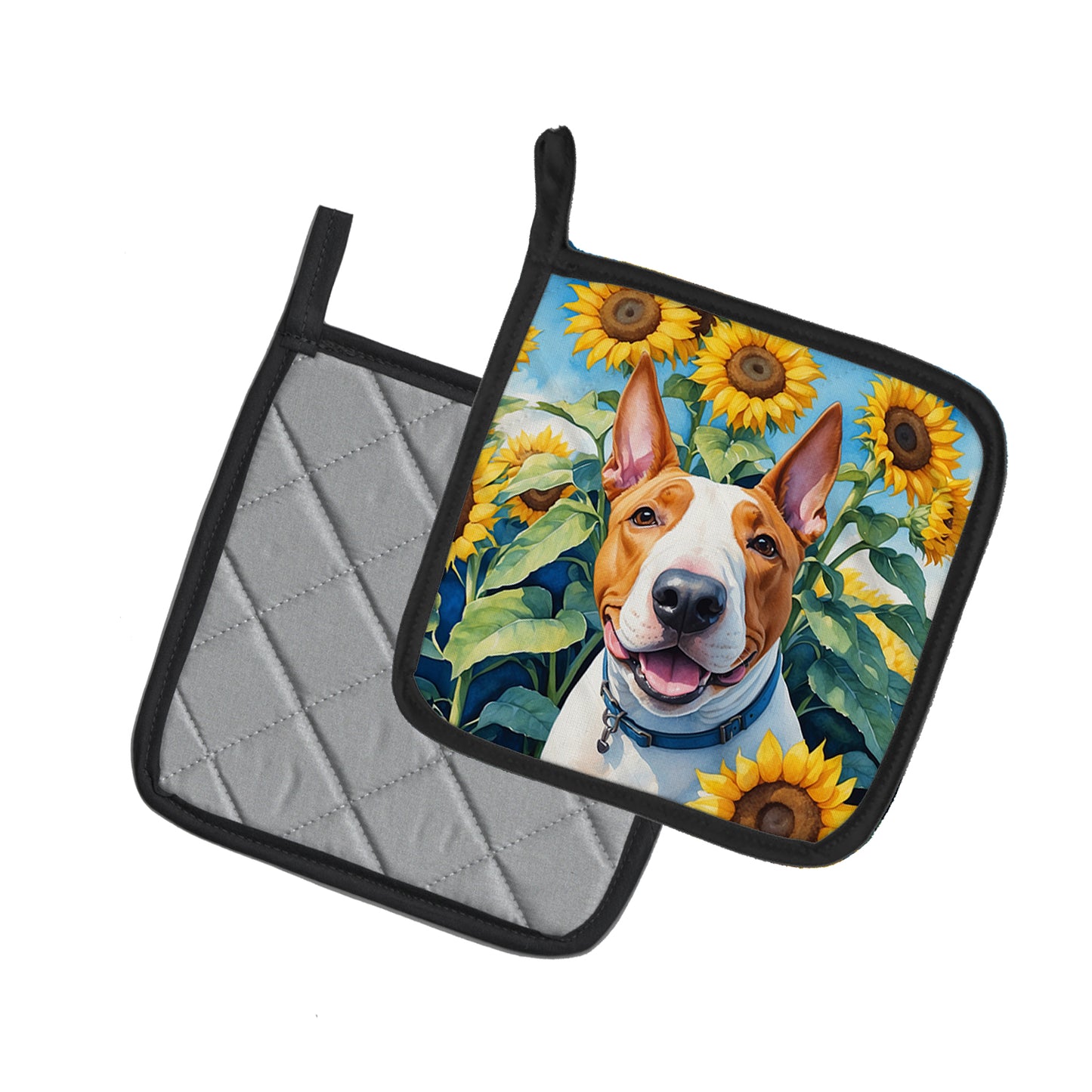 English Bull Terrier in Sunflowers Pair of Pot Holders