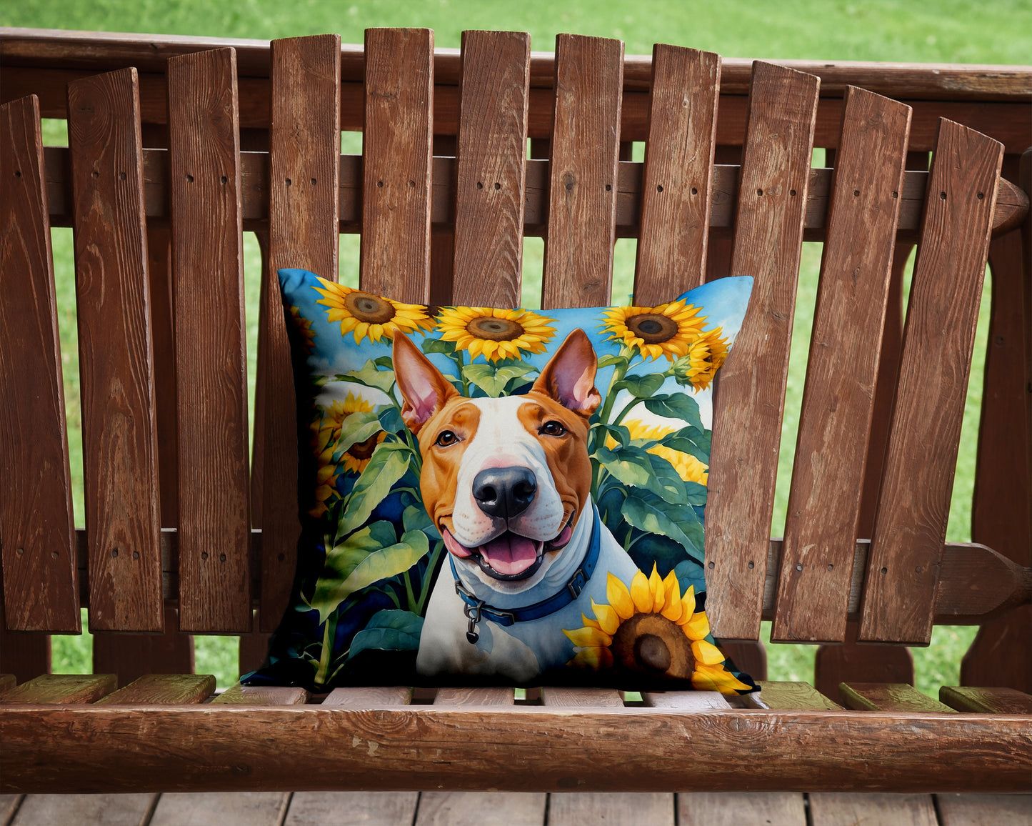 English Bull Terrier in Sunflowers Throw Pillow