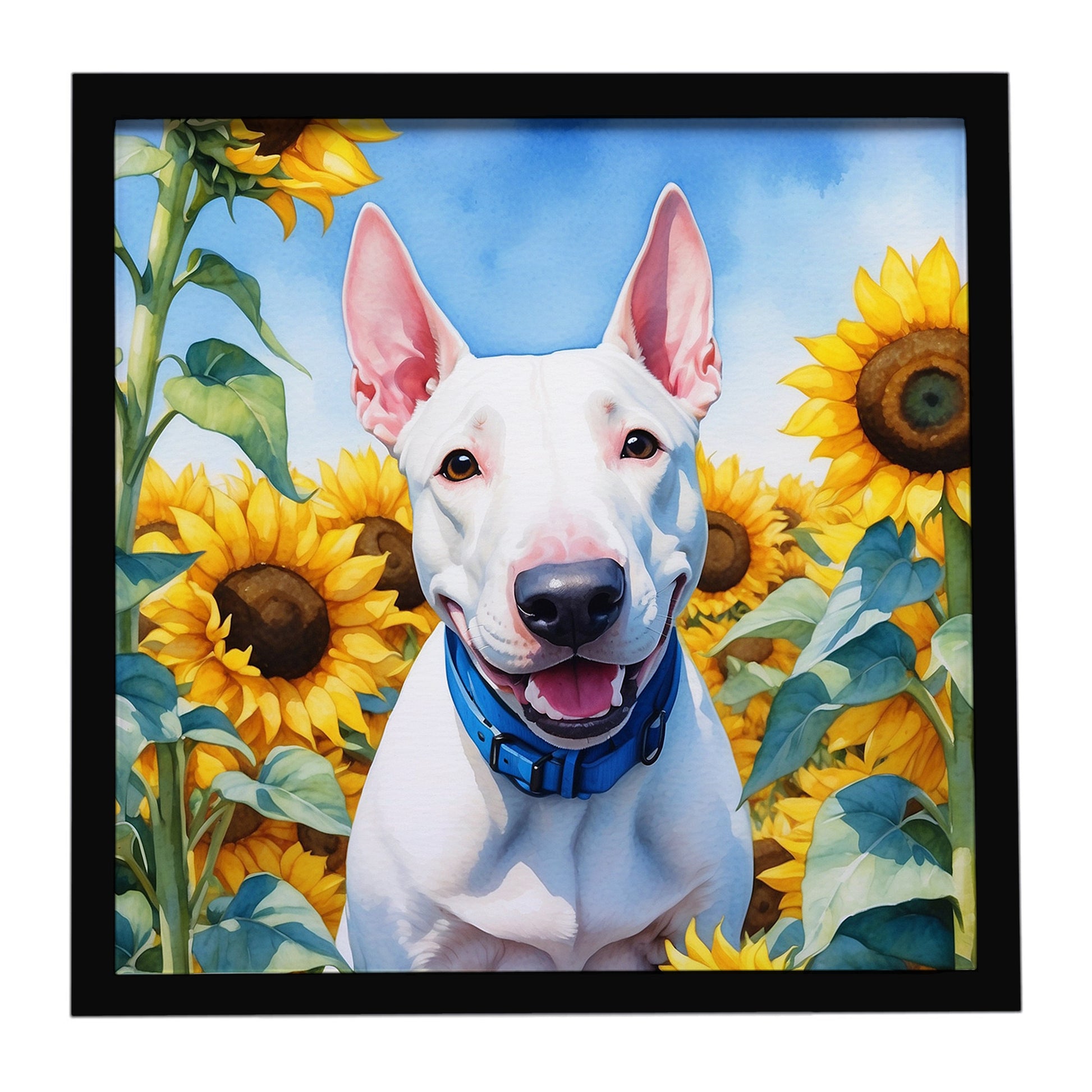 Buy this English Bull Terrier in Sunflowers Framed Metal Print