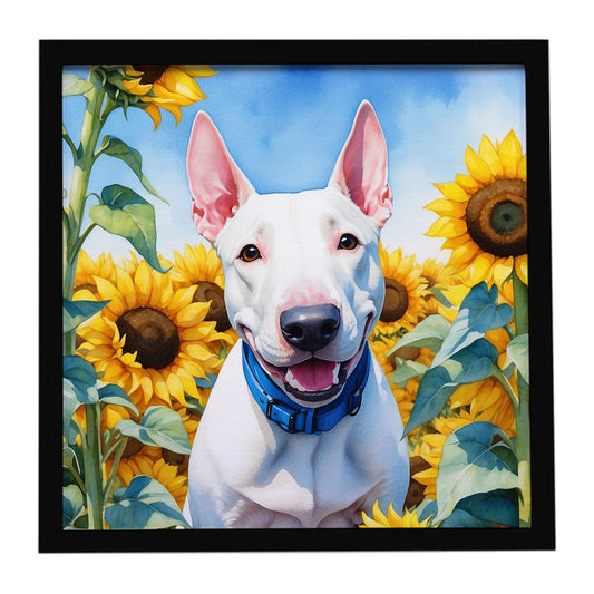 Buy this English Bull Terrier in Sunflowers Framed Metal Print