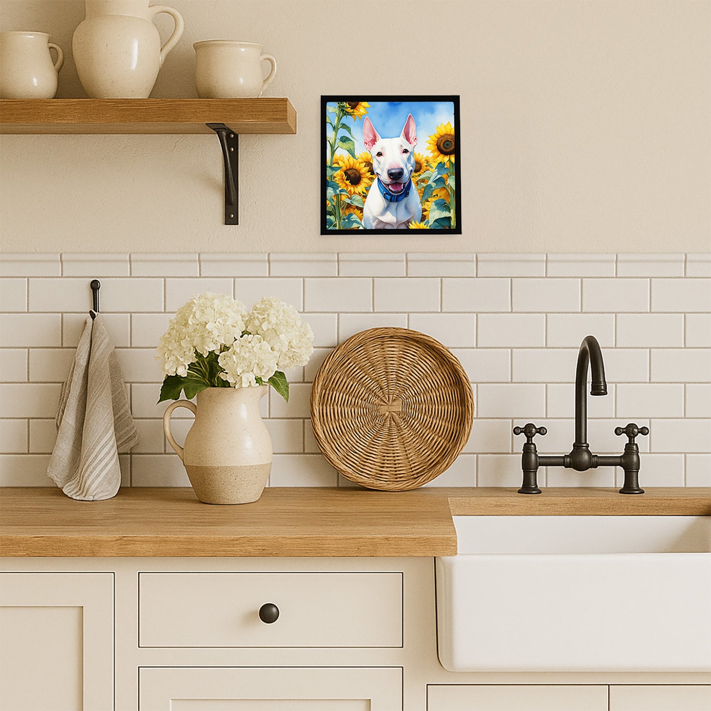 English Bull Terrier in Sunflowers Framed Metal Print