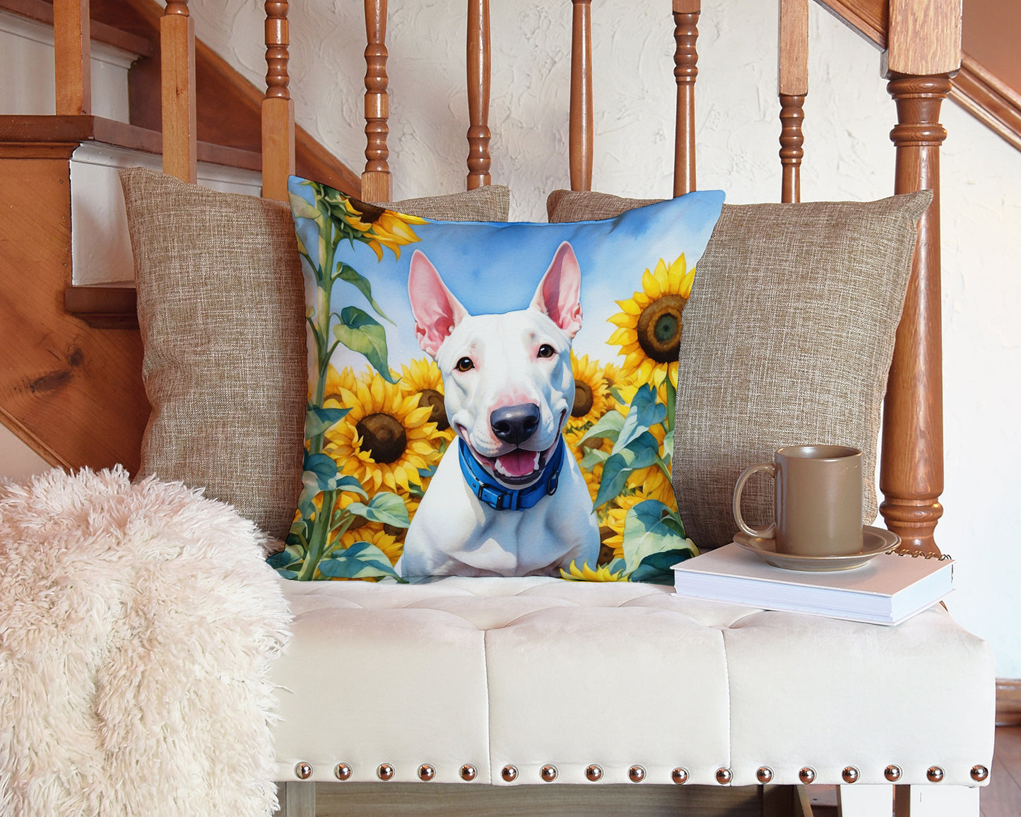 English Bull Terrier in Sunflowers Throw Pillow