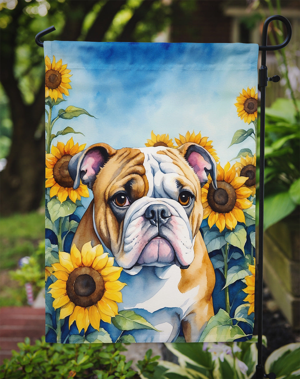 English Bulldog in Sunflowers Garden Flag