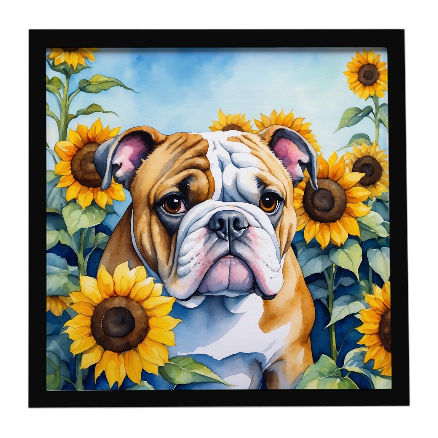 Buy this English Bulldog in Sunflowers Framed Metal Print
