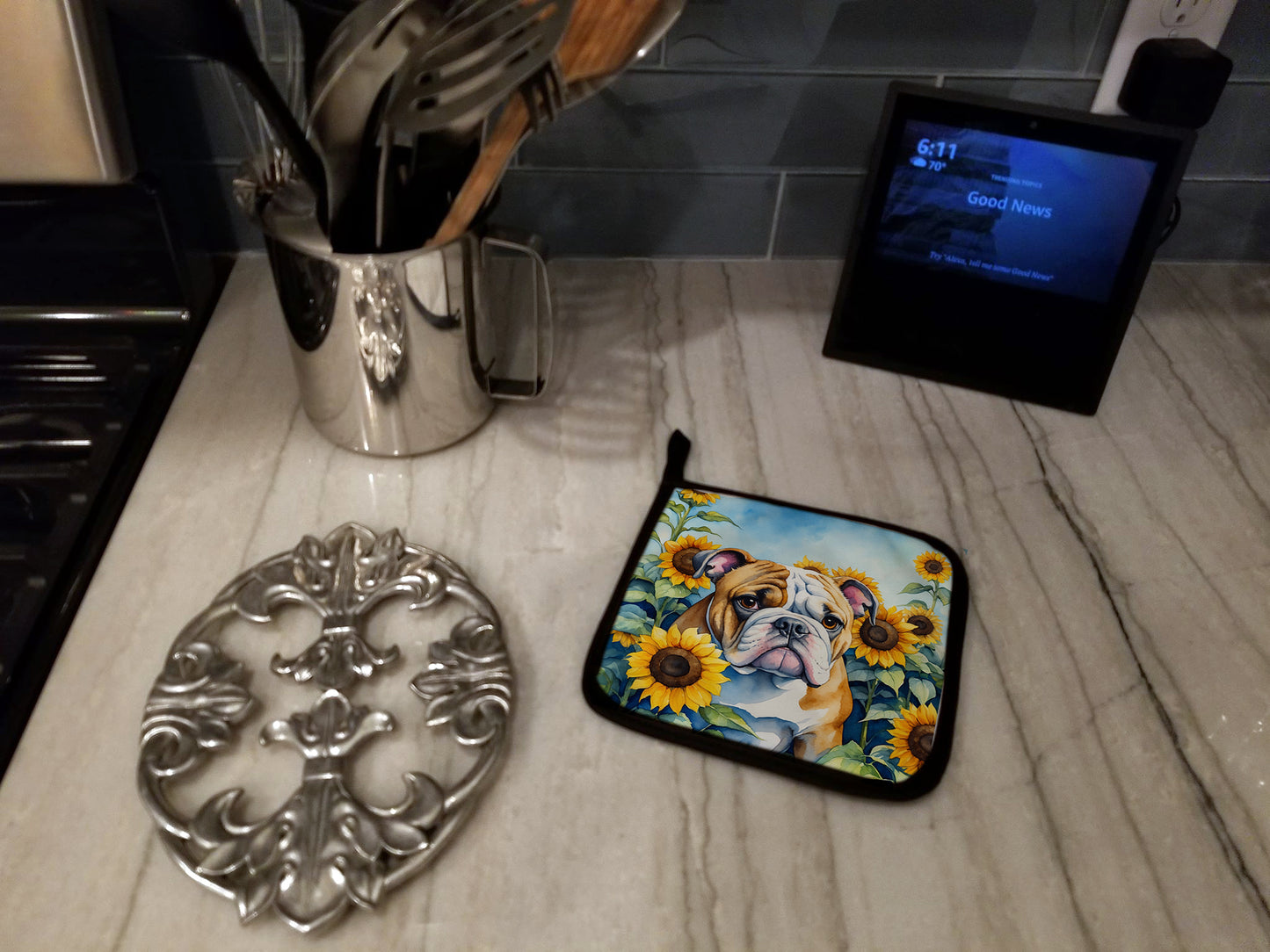 English Bulldog in Sunflowers Pair of Pot Holders