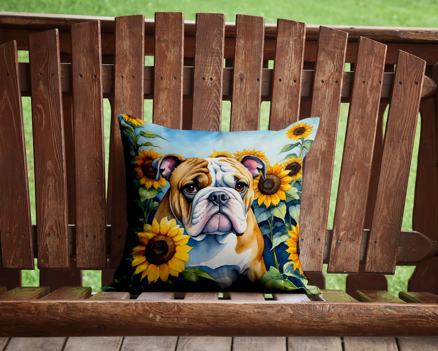 English Bulldog in Sunflowers Throw Pillow