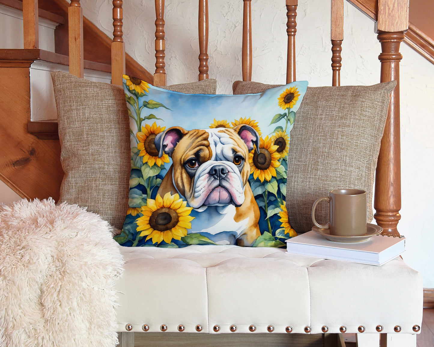 English Bulldog in Sunflowers Throw Pillow