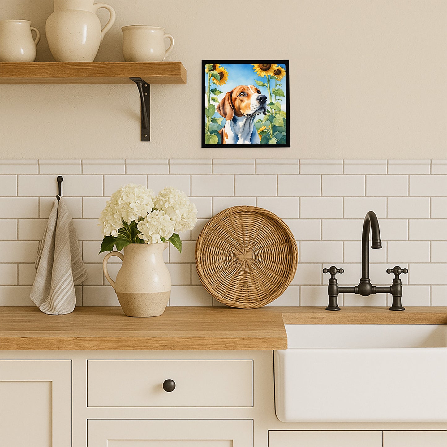 English Foxhound in Sunflowers Framed Metal Print
