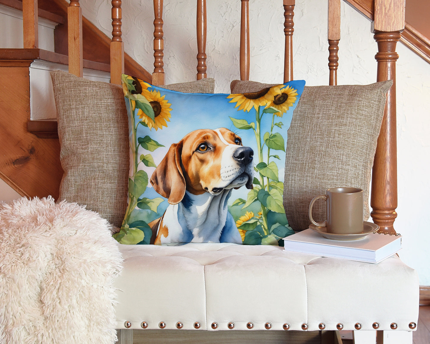 English Foxhound in Sunflowers Throw Pillow