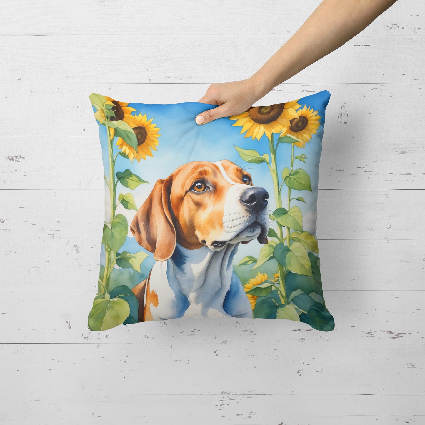 English Foxhound in Sunflowers Throw Pillow