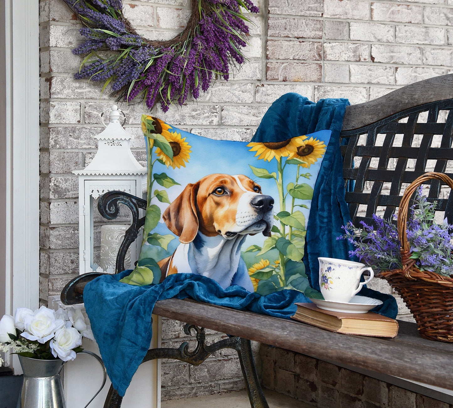 English Foxhound in Sunflowers Throw Pillow