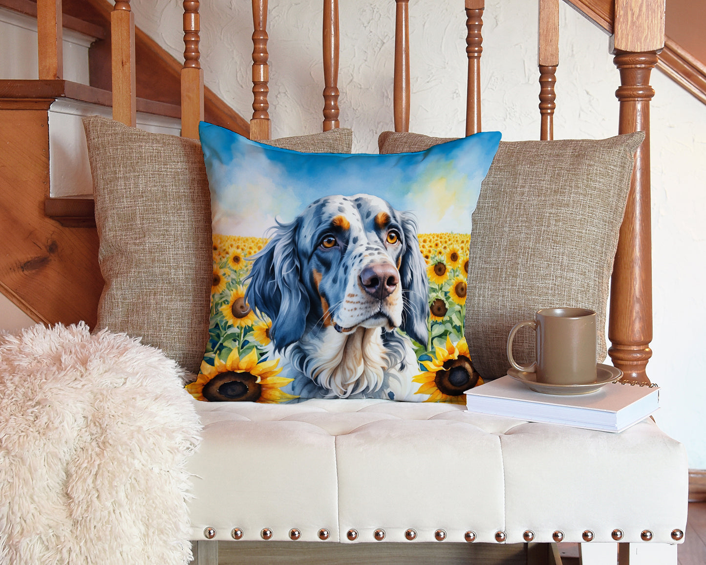 English Setter in Sunflowers Throw Pillow