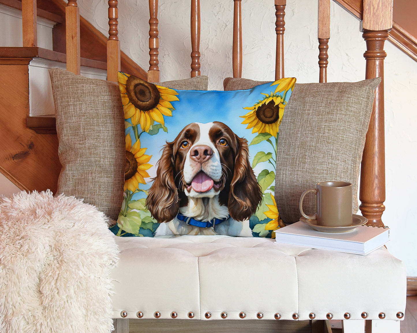 English Springer Spaniel in Sunflowers Throw Pillow