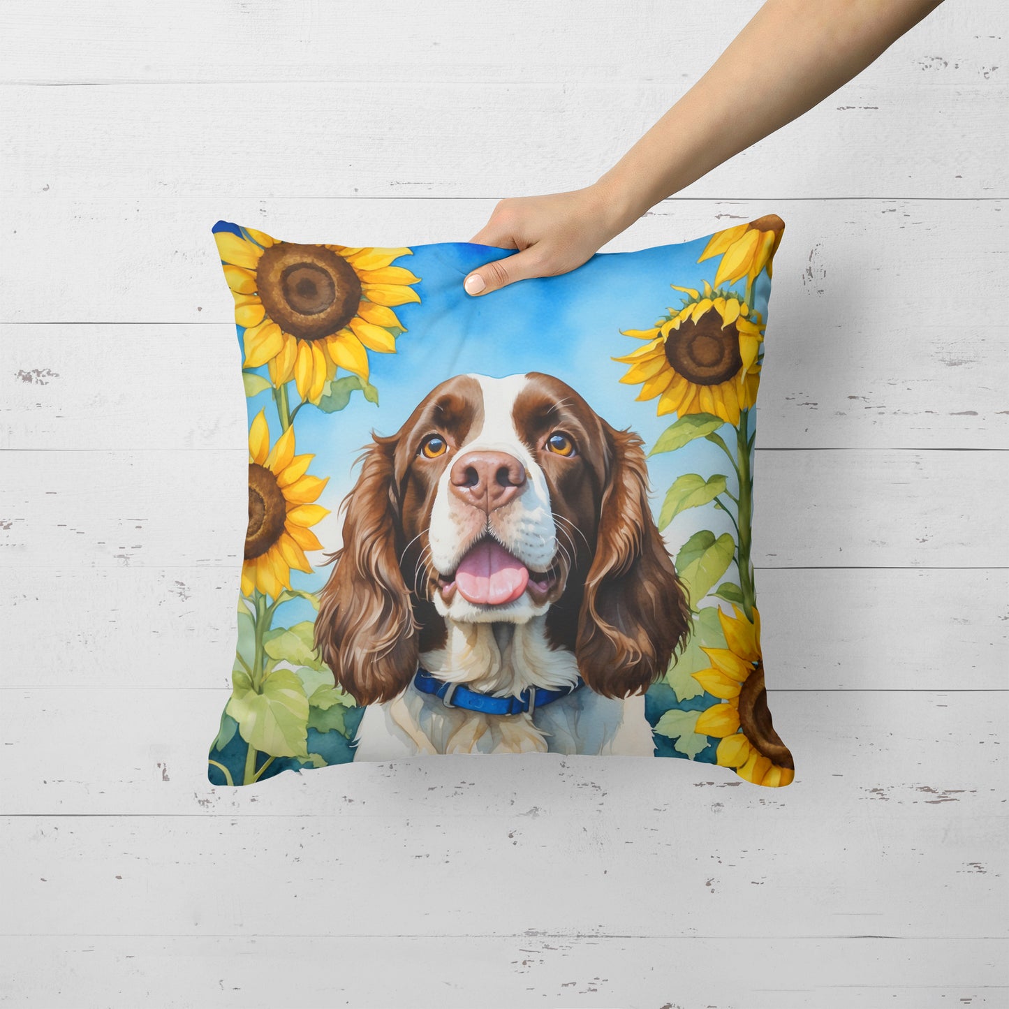 English Springer Spaniel in Sunflowers Throw Pillow