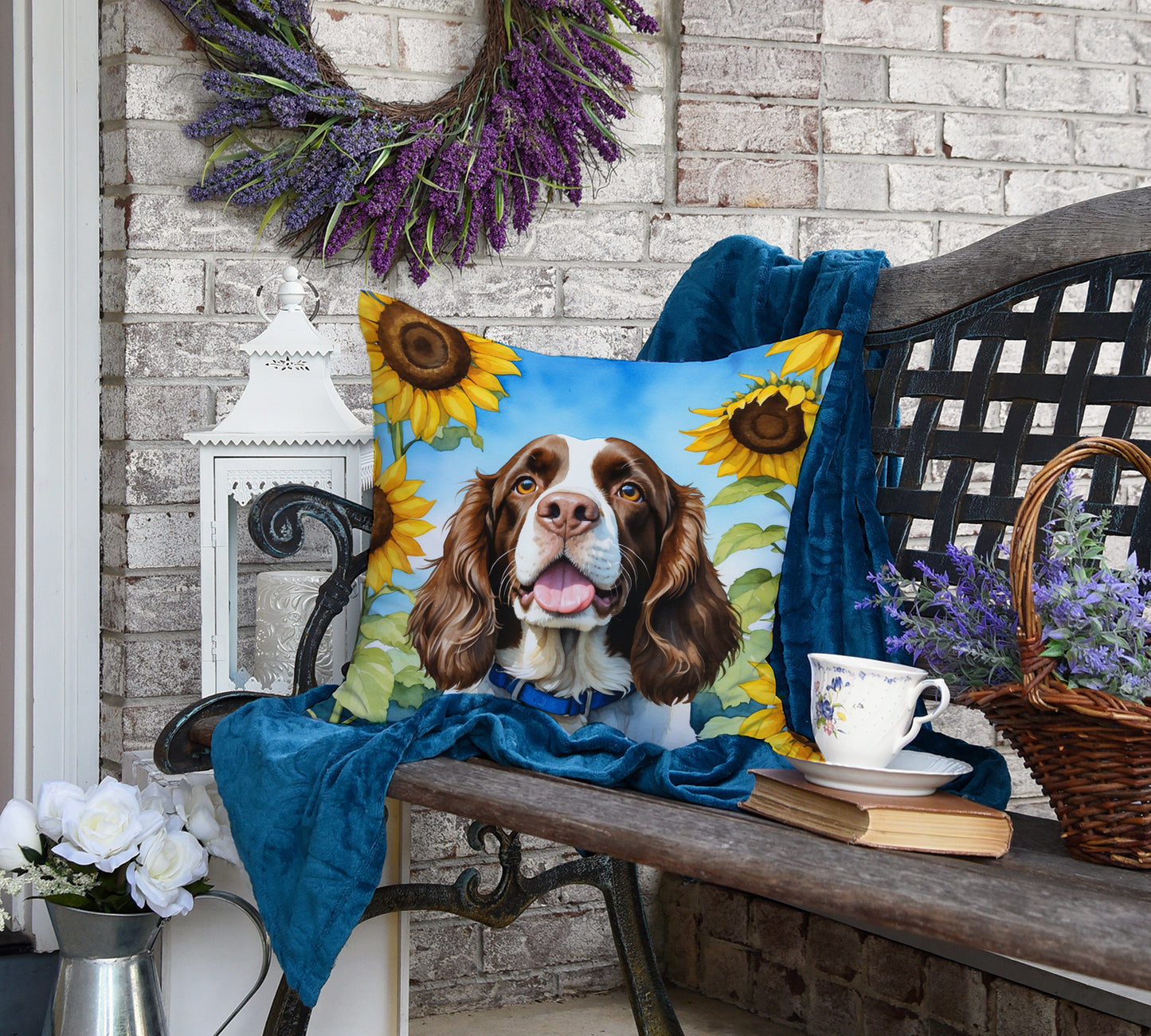 English Springer Spaniel in Sunflowers Throw Pillow