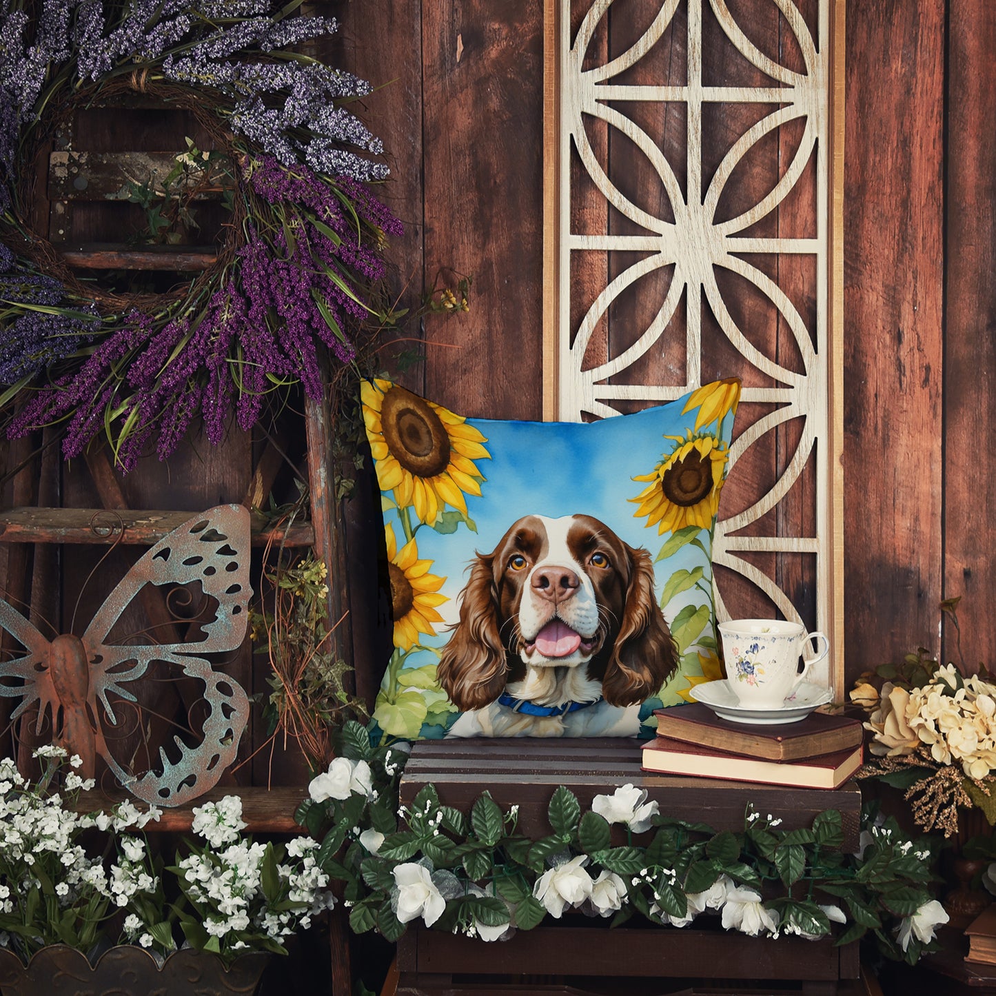 English Springer Spaniel in Sunflowers Throw Pillow