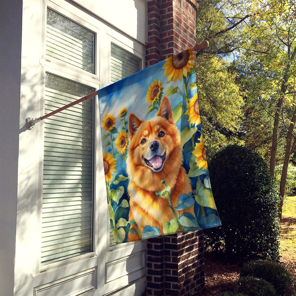 Finnish Spitz in Sunflowers House Flag