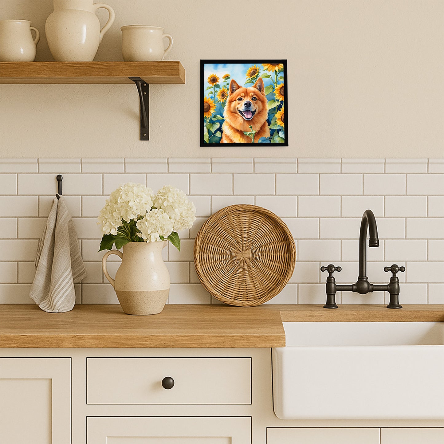 Finnish Spitz in Sunflowers Framed Metal Print