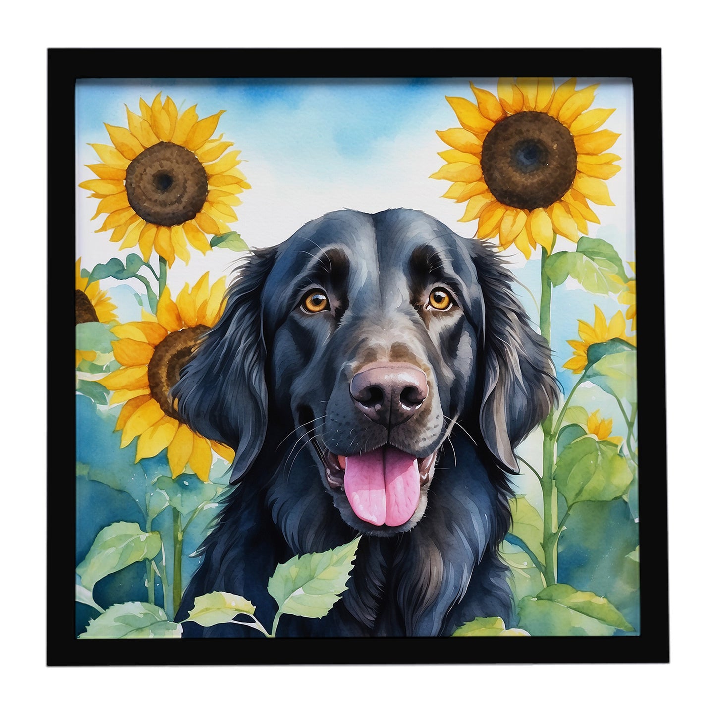 Buy this Flat-Coated Retriever in Sunflowers Framed Metal Print