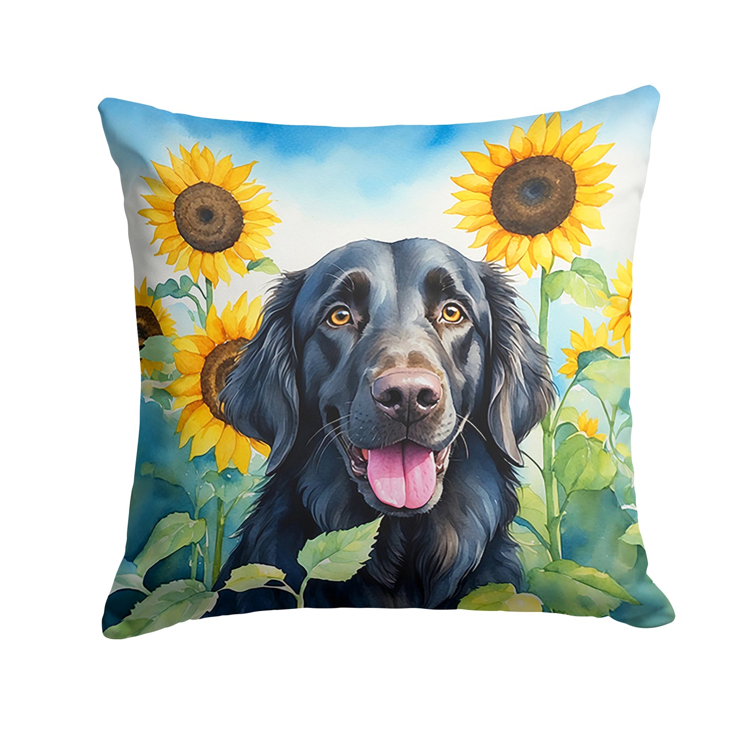 Buy this Flat-Coated Retriever in Sunflowers Throw Pillow