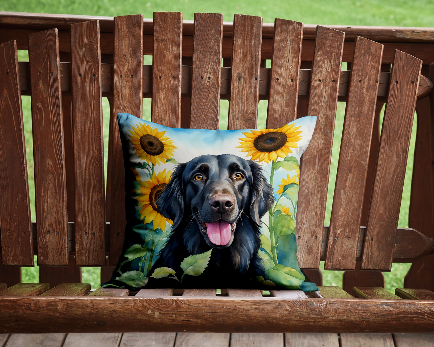 Flat-Coated Retriever in Sunflowers Throw Pillow