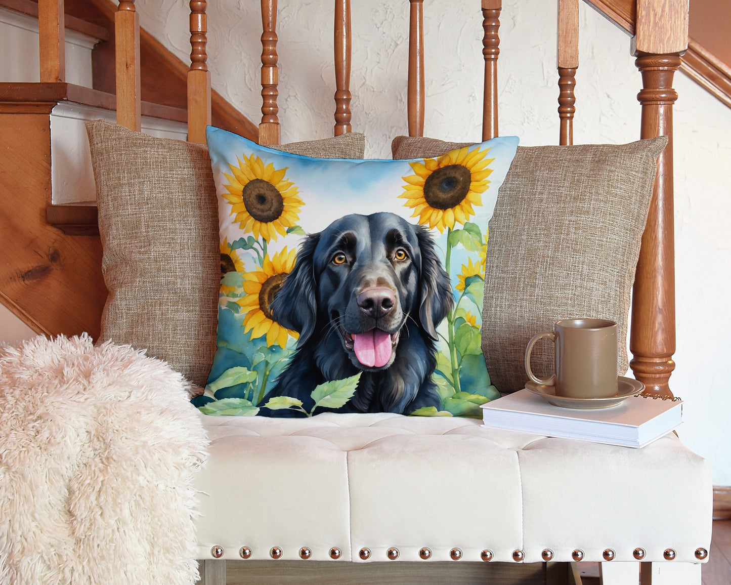 Flat-Coated Retriever in Sunflowers Throw Pillow