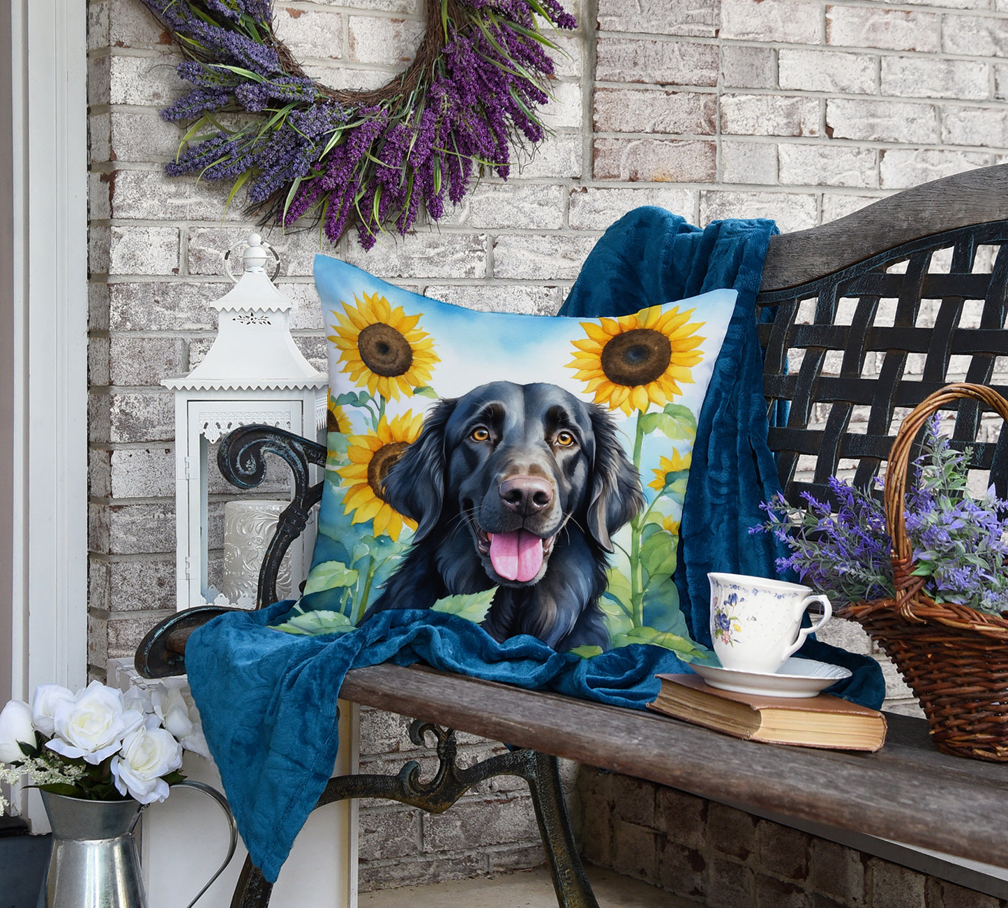 Flat-Coated Retriever in Sunflowers Throw Pillow