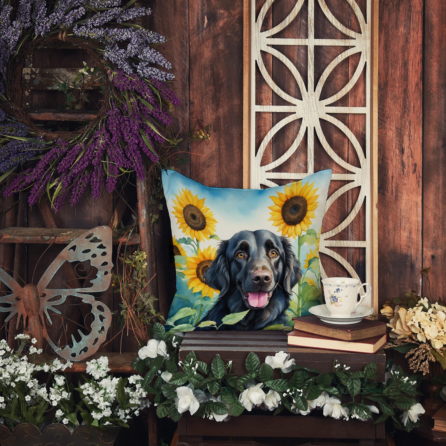 Flat-Coated Retriever in Sunflowers Throw Pillow