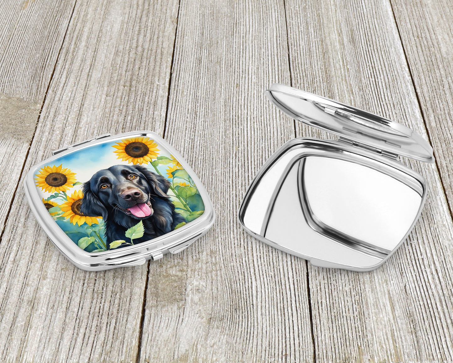 Flat-Coated Retriever in Sunflowers Compact Mirror