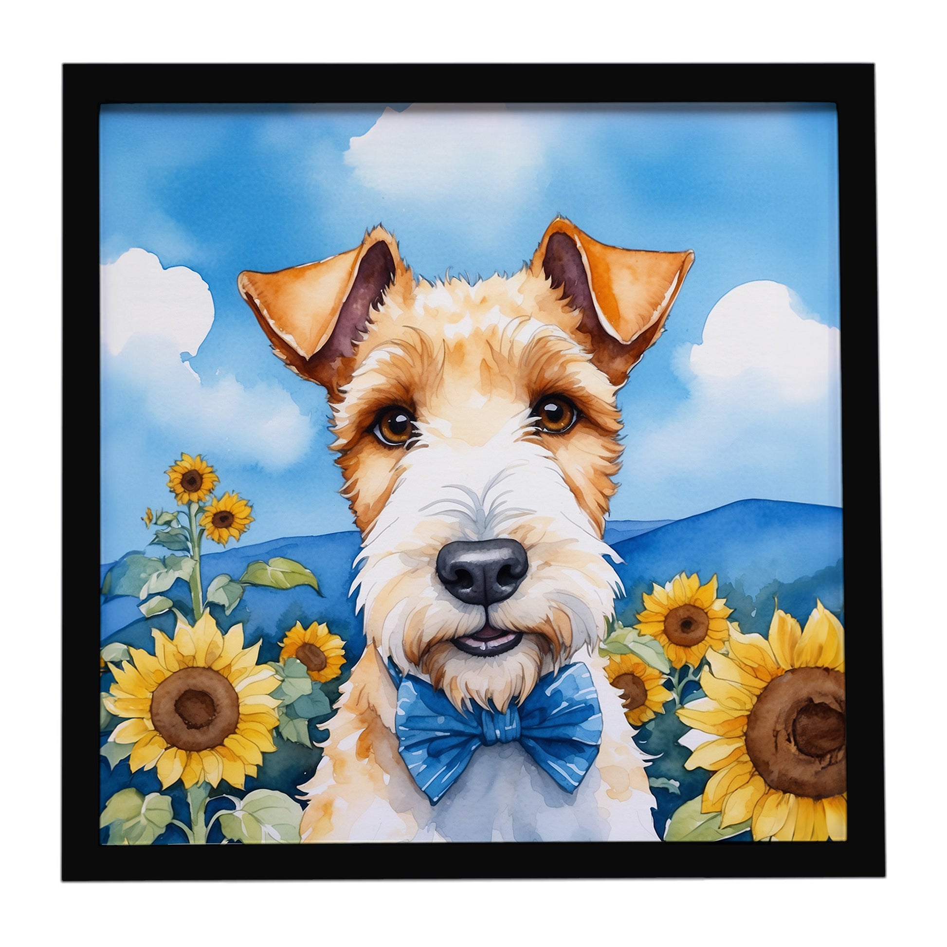 Buy this Fox Terrier in Sunflowers Framed Metal Print