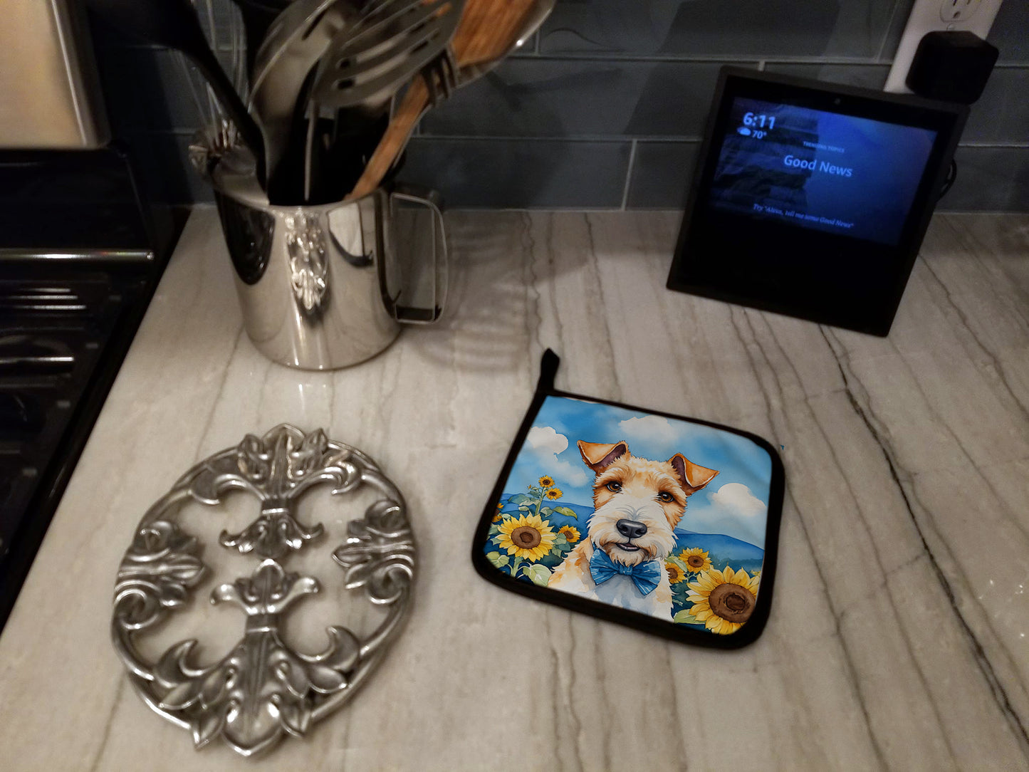 Fox Terrier in Sunflowers Pair of Pot Holders