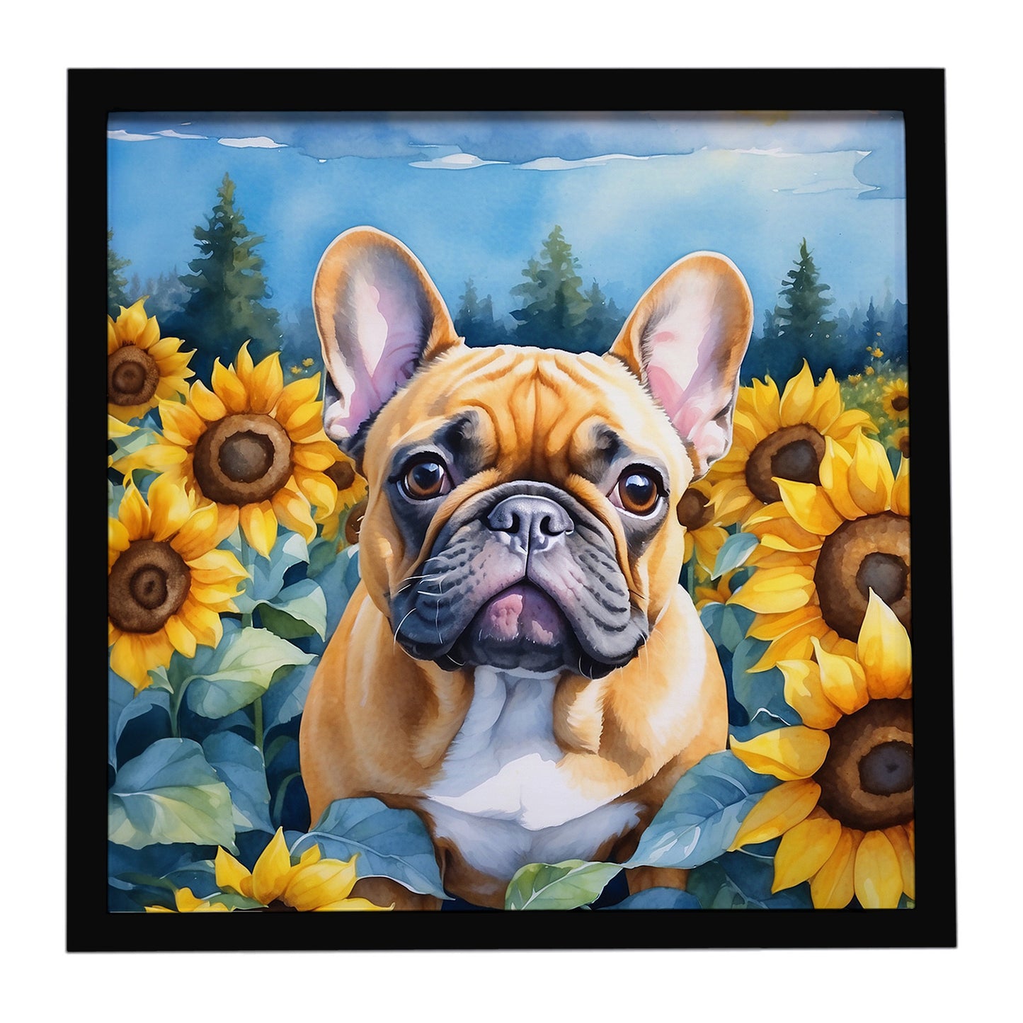 Buy this French Bulldog in Sunflowers Framed Metal Print