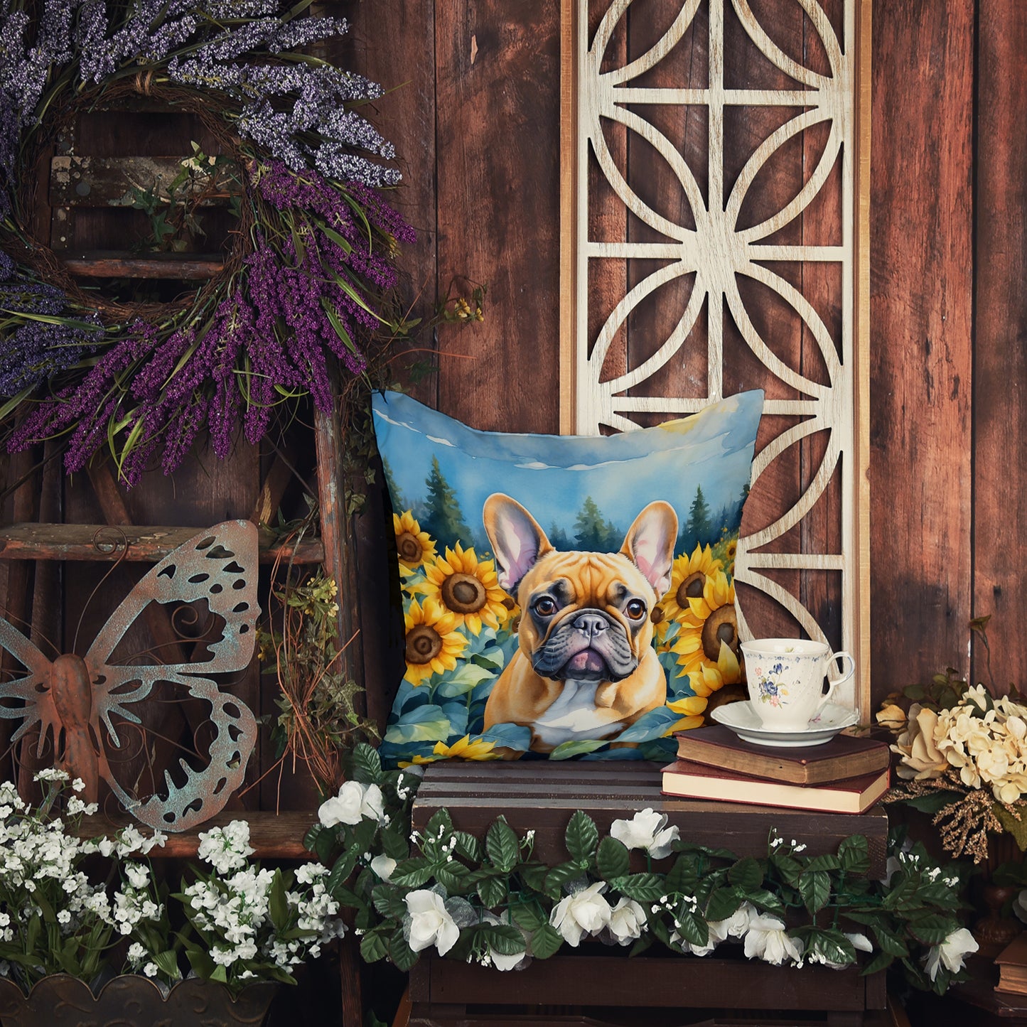 French Bulldog in Sunflowers Throw Pillow