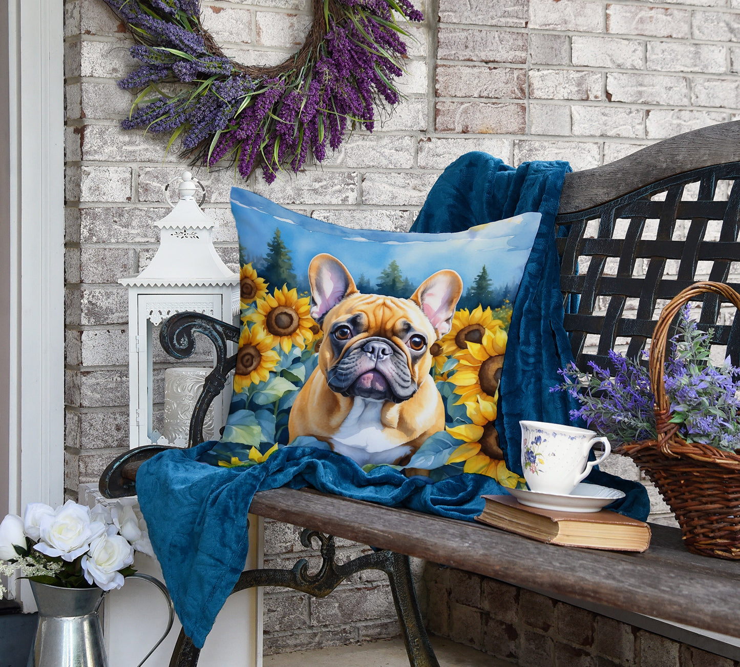 French Bulldog in Sunflowers Throw Pillow