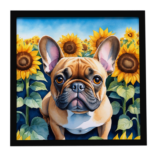 Buy this French Bulldog in Sunflowers Framed Metal Print