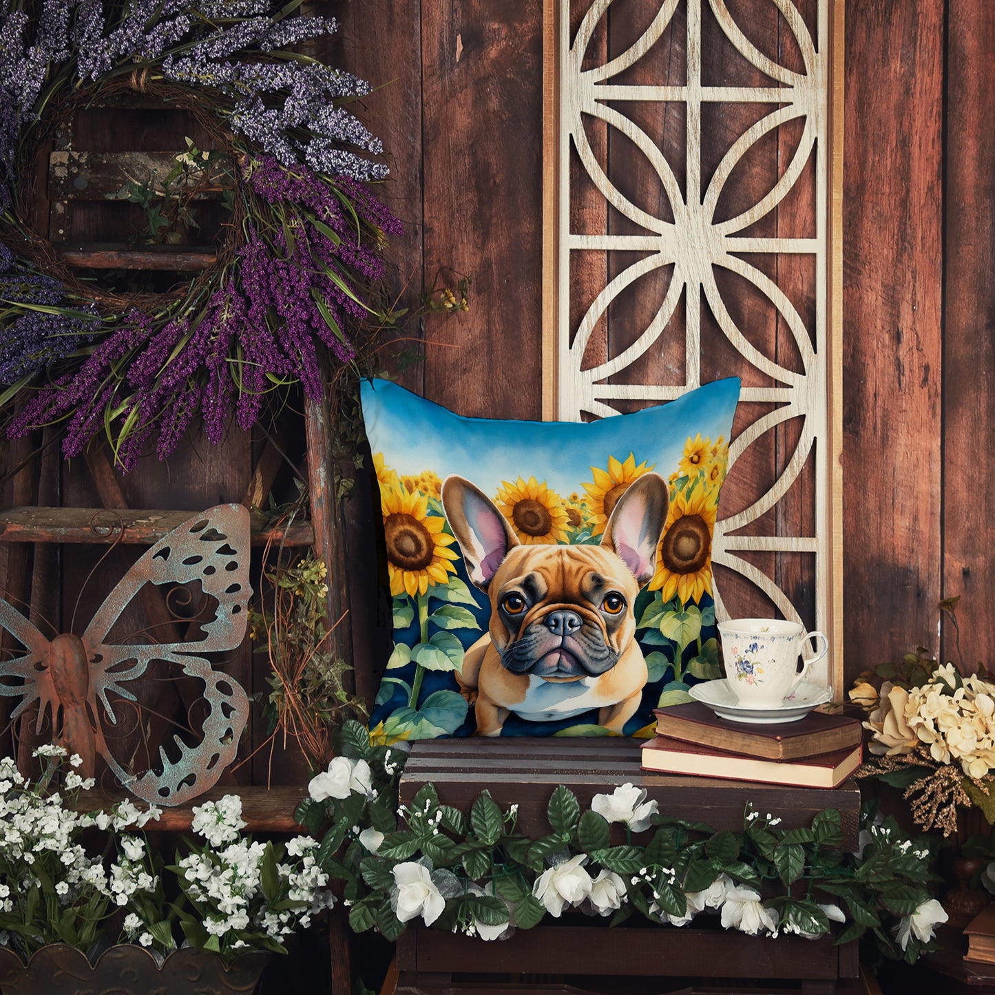 French Bulldog in Sunflowers Throw Pillow