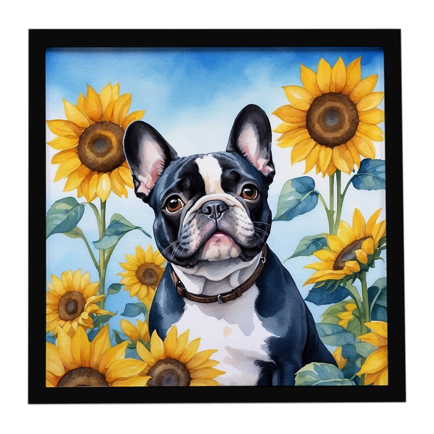 Buy this French Bulldog in Sunflowers Framed Metal Print