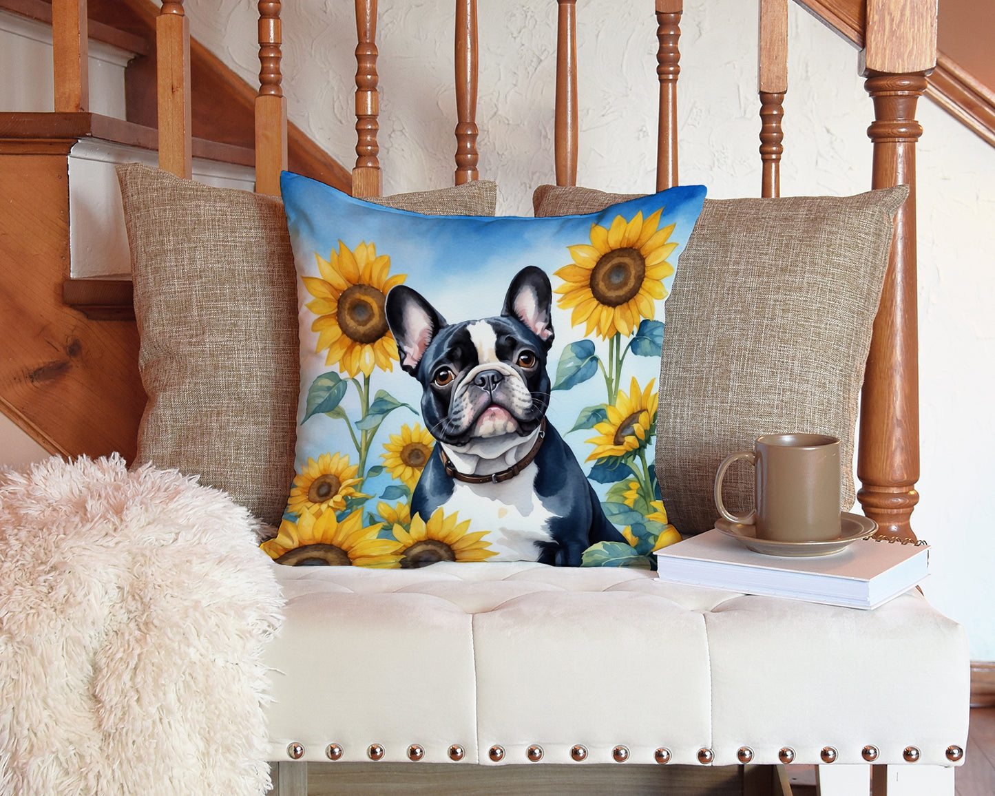 French Bulldog in Sunflowers Throw Pillow