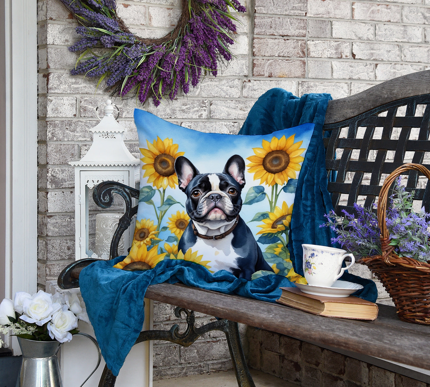 French Bulldog in Sunflowers Throw Pillow